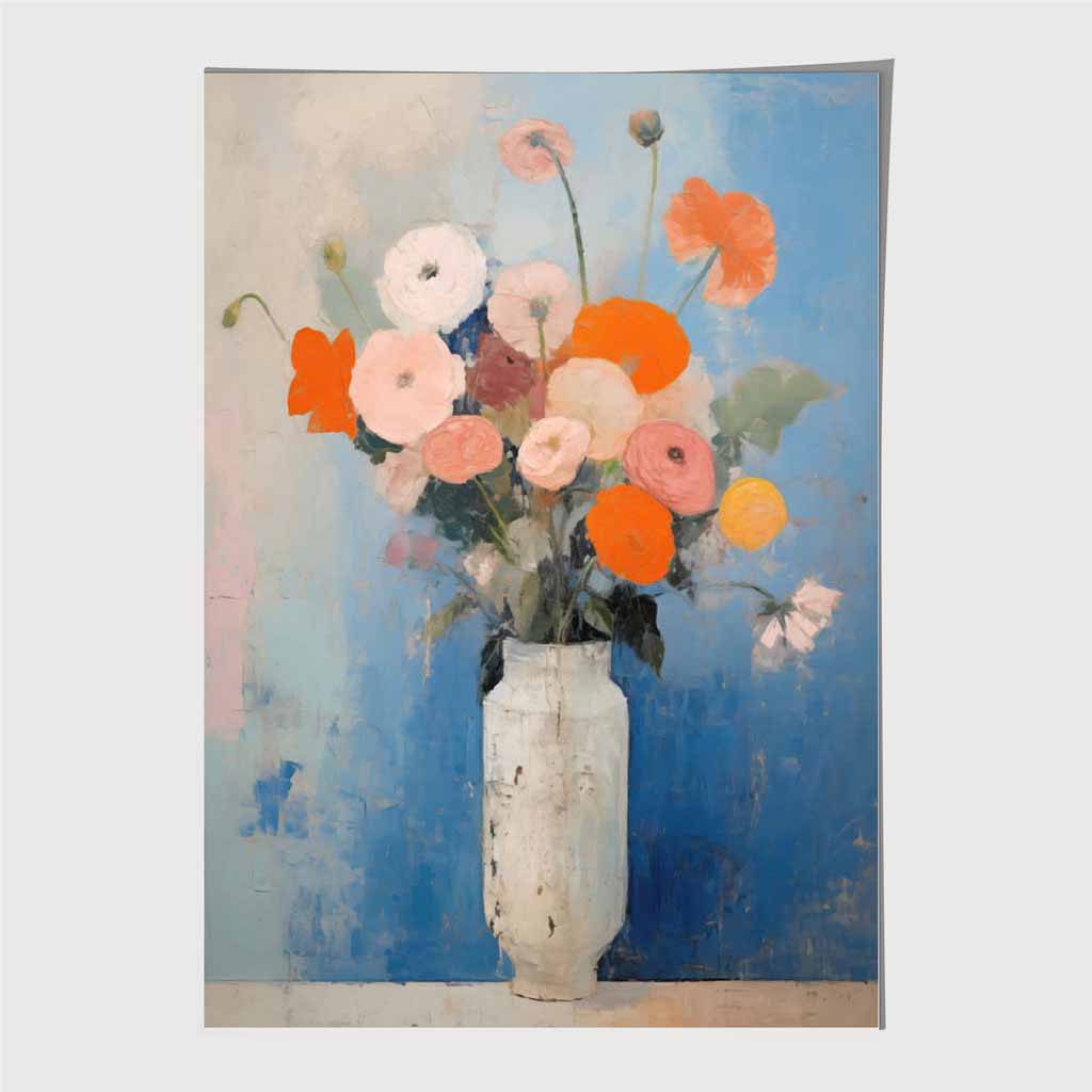 Vintage Painted Blue, Orange Flowers in Vase Art Poster | Wall Art Plaza UK