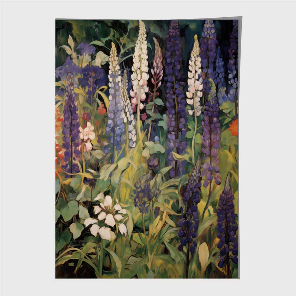 Vintage Painted Purple, Green Lupins Art Print | Wall Art Plaza UK