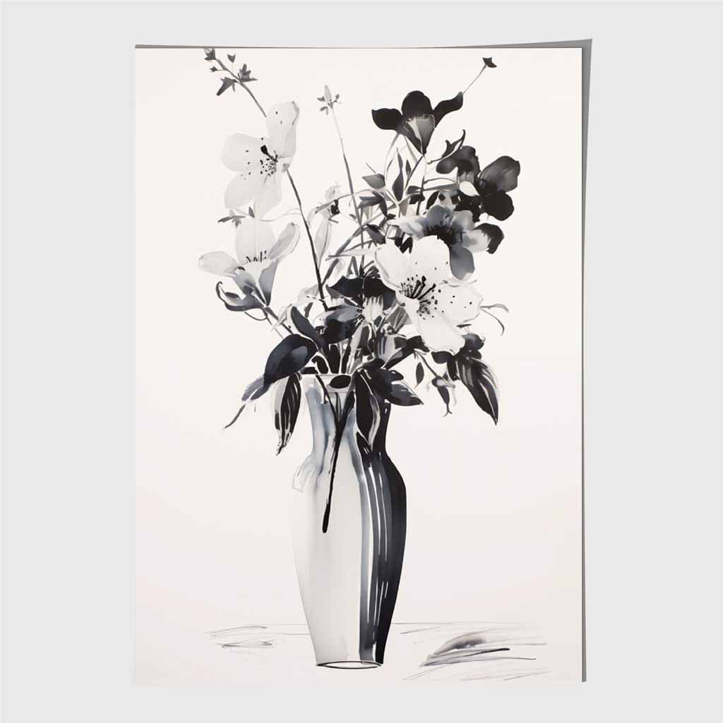 Floral Illustration Black, Grey Flowers in Vase Art Print | Wall Art Plaza UK
