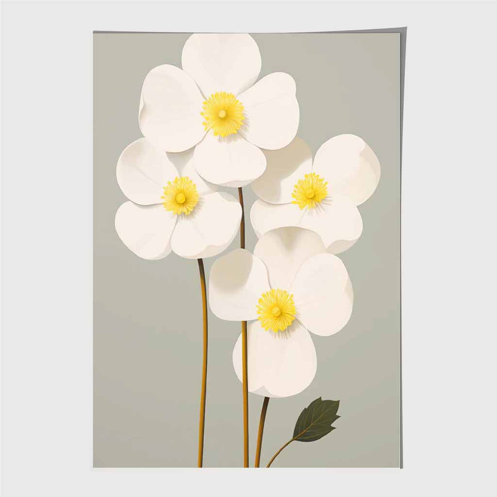 Modern Floral Grey, Ivory Flowers Art Print | Wall Art Plaza UK