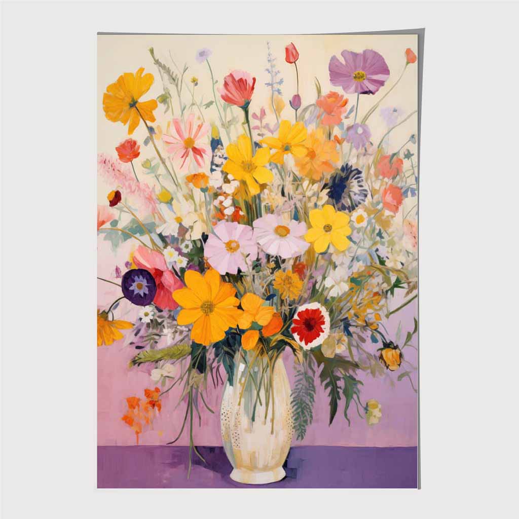 Bright Floral Purple, Yellow Flowers and Vase Art Print | Wall Art Plaza UK