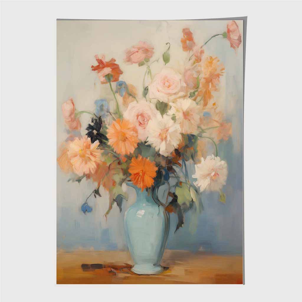 Vintage Pastel Blue, Pink Flowers in Vase Art Print | Wall Art Plaza UK