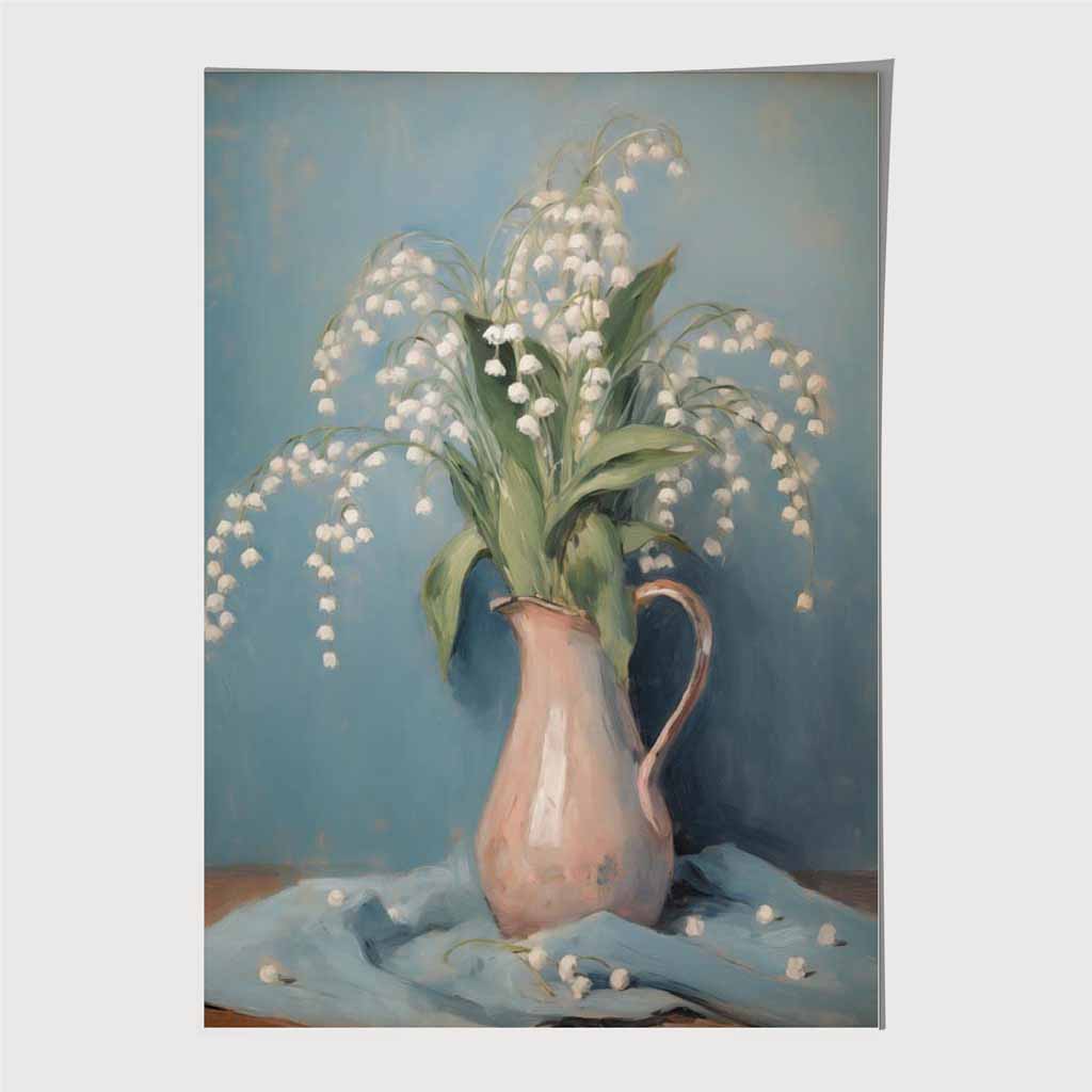 Vintage Floral Blue, Pink Lilly of the Valley Art Print | Wall Art Plaza UK