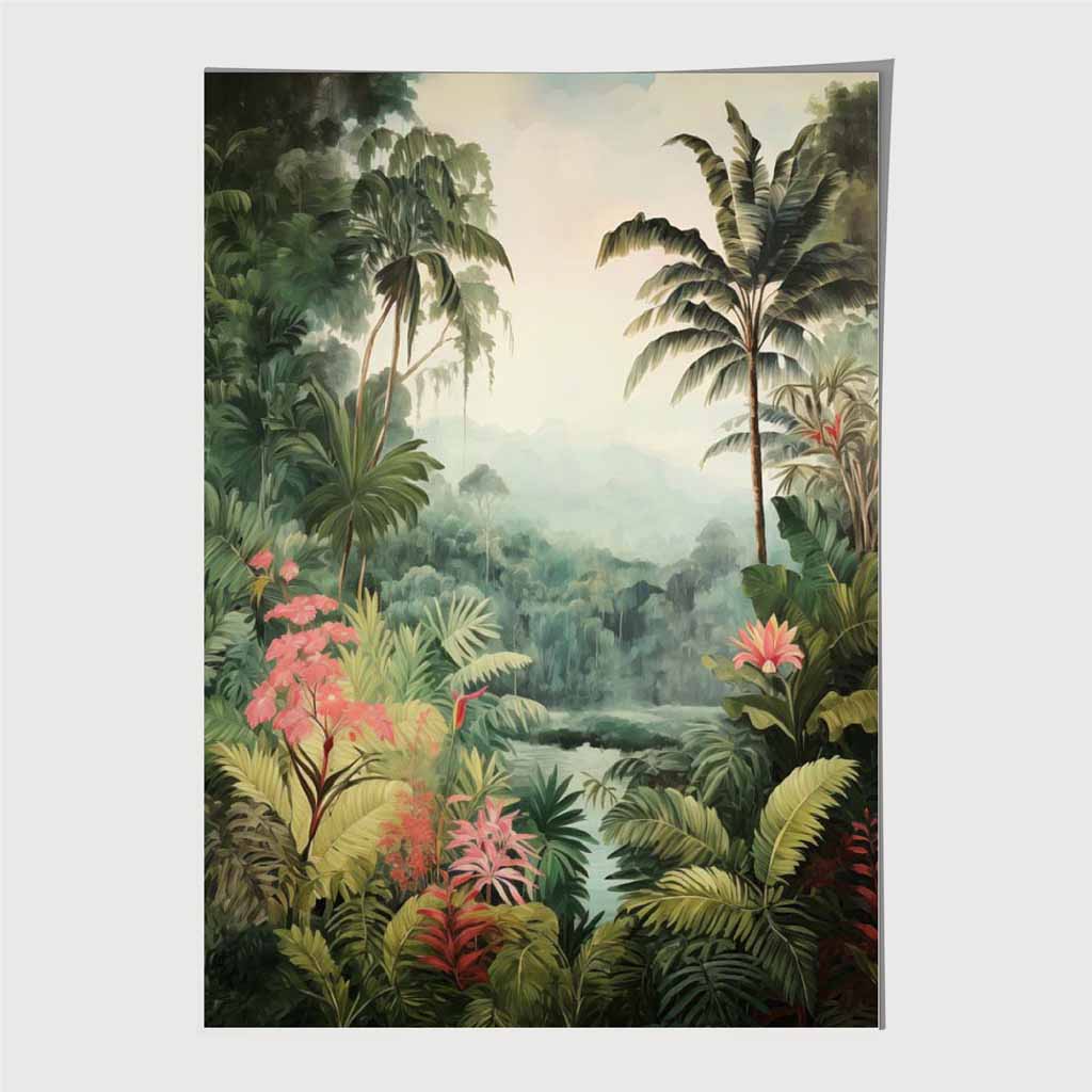 Modern Illustration Green, Pink Jungle Landscape No 1 Art Poster | Wall Art Plaza UK