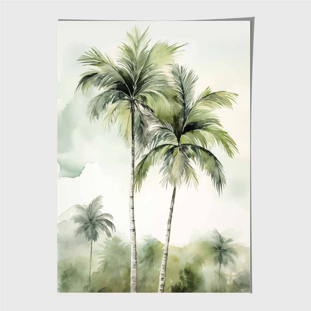 Modern Painted Blue, Green Palm Trees Art Print | Wall Art Plaza UK