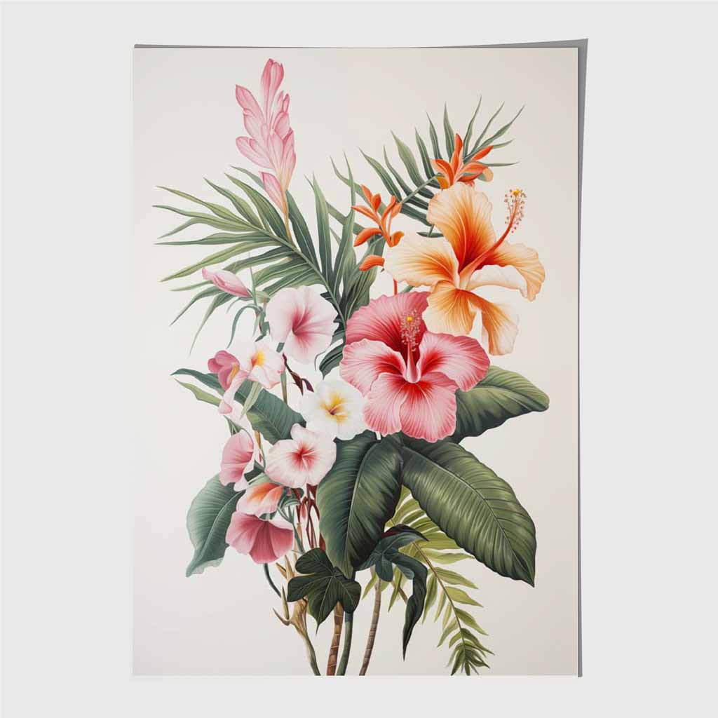 Vintage Floral Green, Pink Tropical Bouquet Art Poster | Wall Art Plaza UK