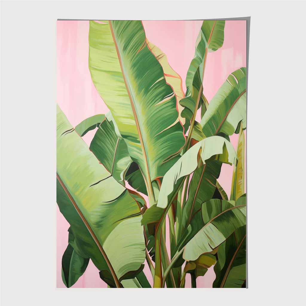 Modern Illustration Green, Pink Jungle Leaves Art Print | Wall Art Plaza UK