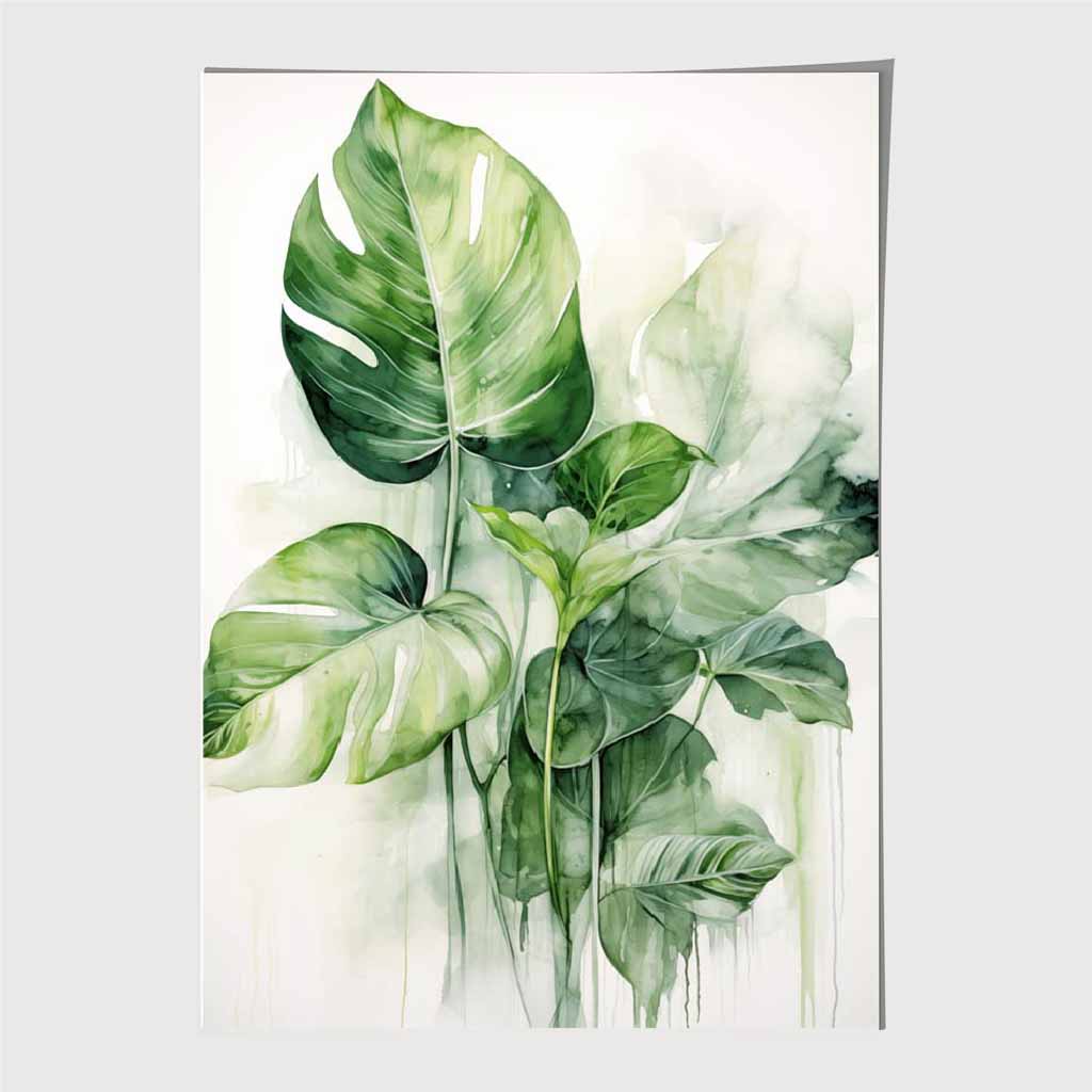 Abstract Painted Green, Beige Monstera Leaves No 1 Art Print | Wall Art Plaza UK