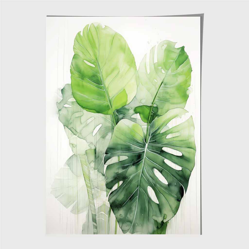 Abstract Painted Green, Beige Monstera Leaves No 2 Art Print | Wall Art Plaza UK
