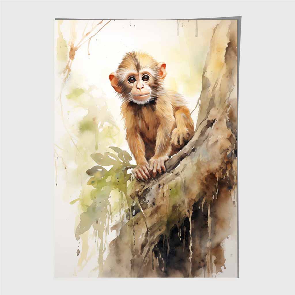 Modern Painted Beige, Green Baby Monkey Art Print | Wall Art Plaza