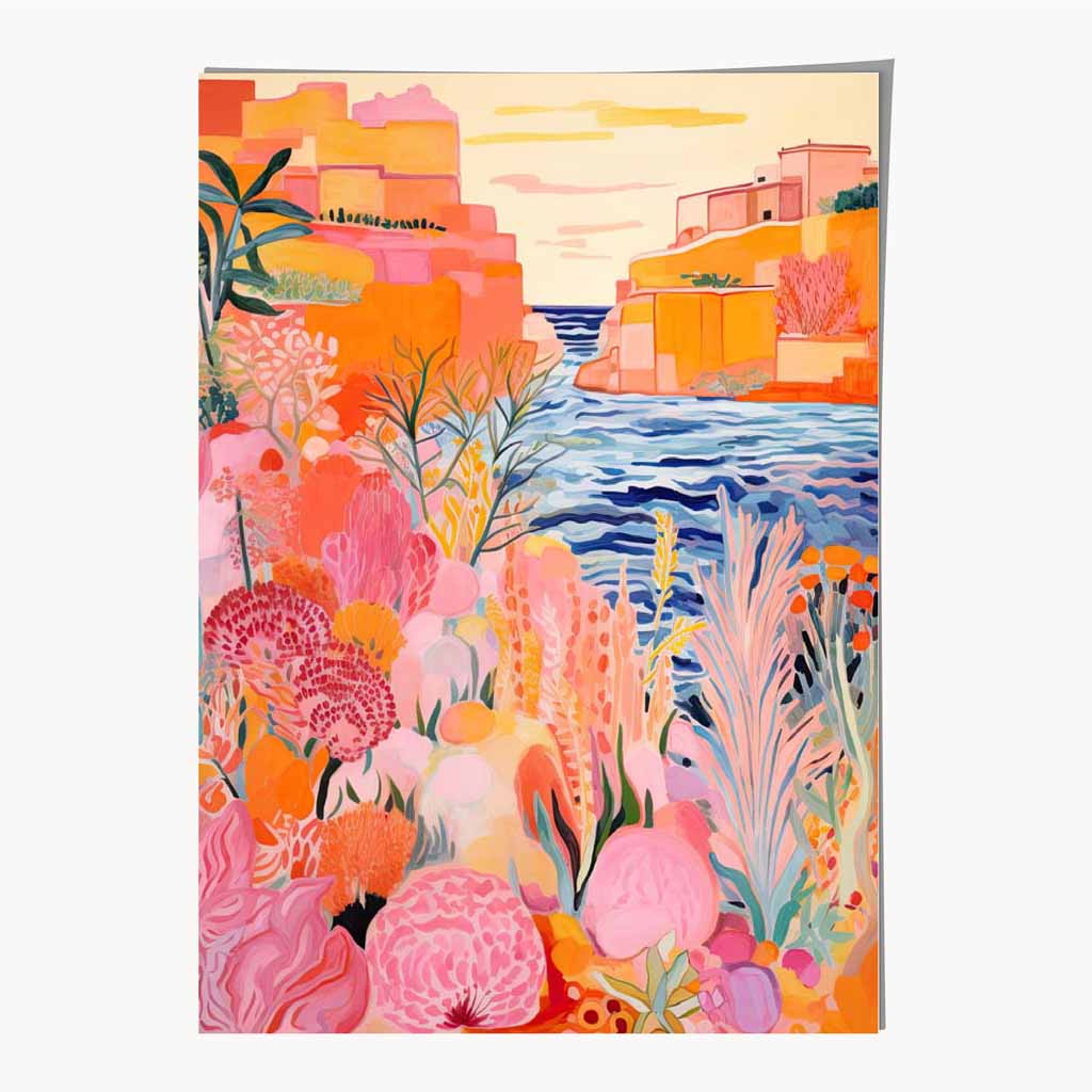Quirky Modern Pink, Colourful Island Scene Art Print | Wall Art Plaza