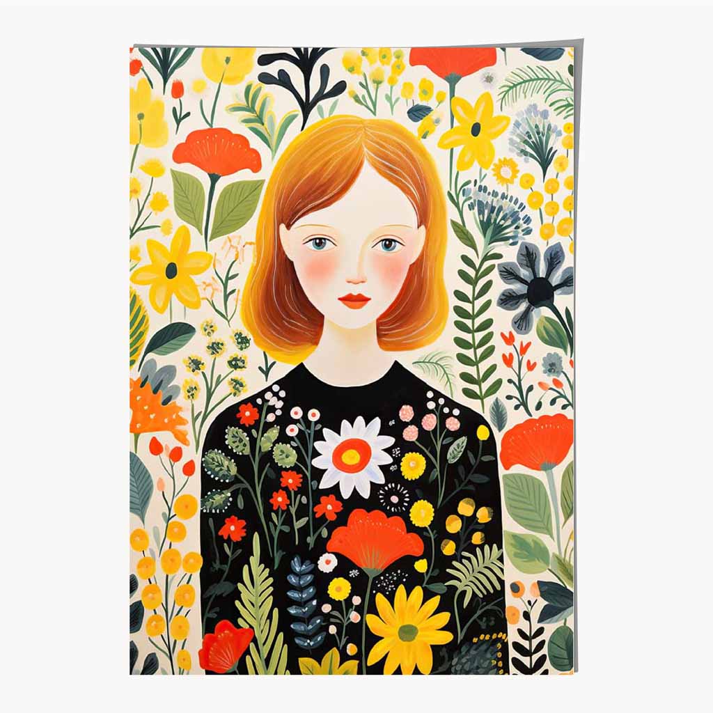 Quirky Bright Yellow, Red Flower Girl No 1 Art Print | Wall Art Plaza