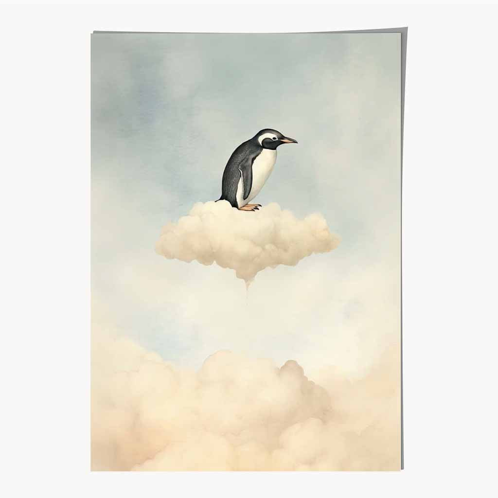 Quirky Blue, Black Penguin on a Cloud Nursery Art Print | Wall Art Plaza