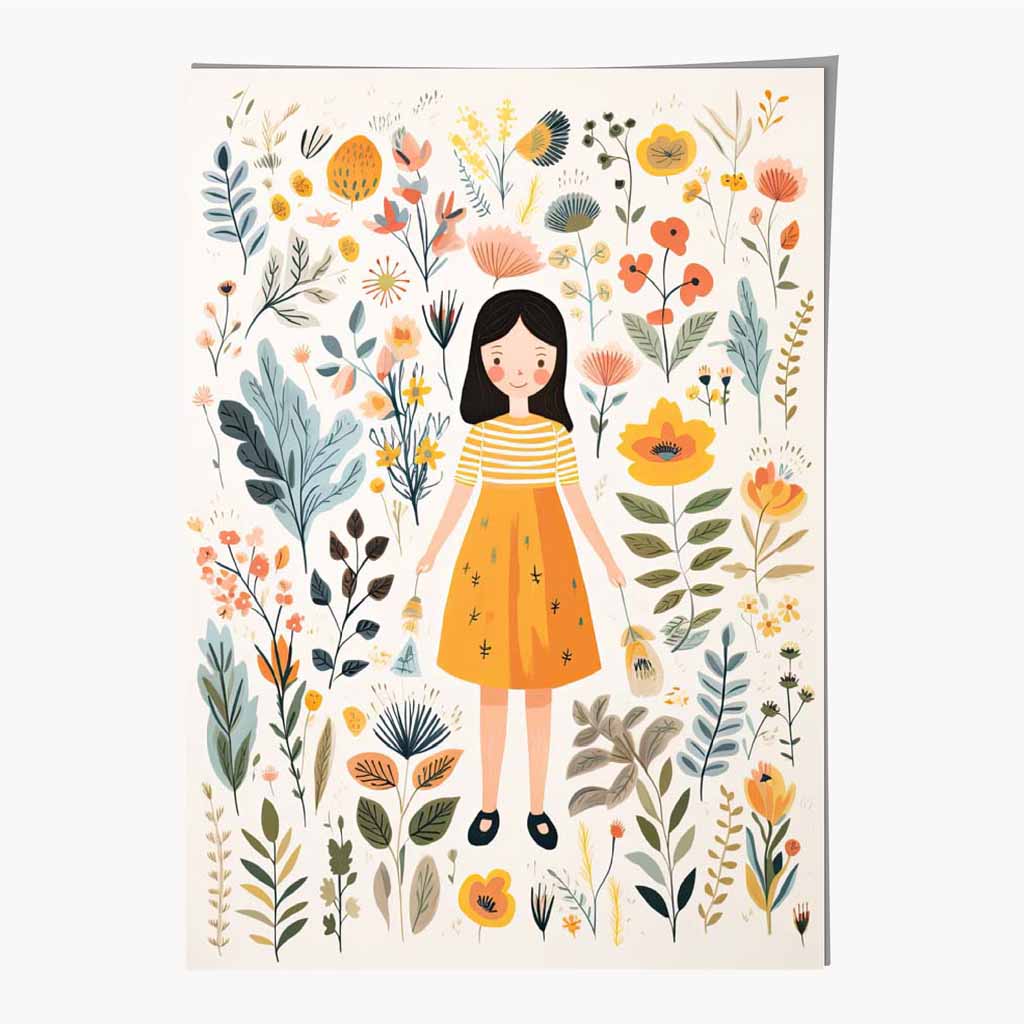 Folkstyle Blue, Yellow Flower Girl Art Print | Wall Art Plaza