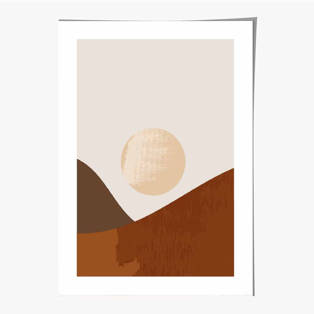 Boho Painted Brown, Beige Mountains & Sun Art Print | Wall Art Plaza