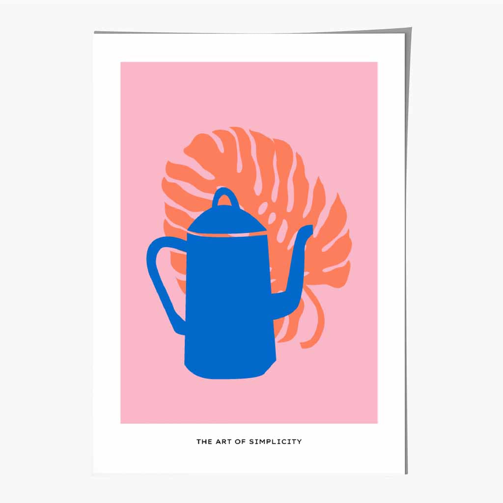 Boho Pink, Blue Coffee Pot Kitchen Art Print | Wall Art Plaza