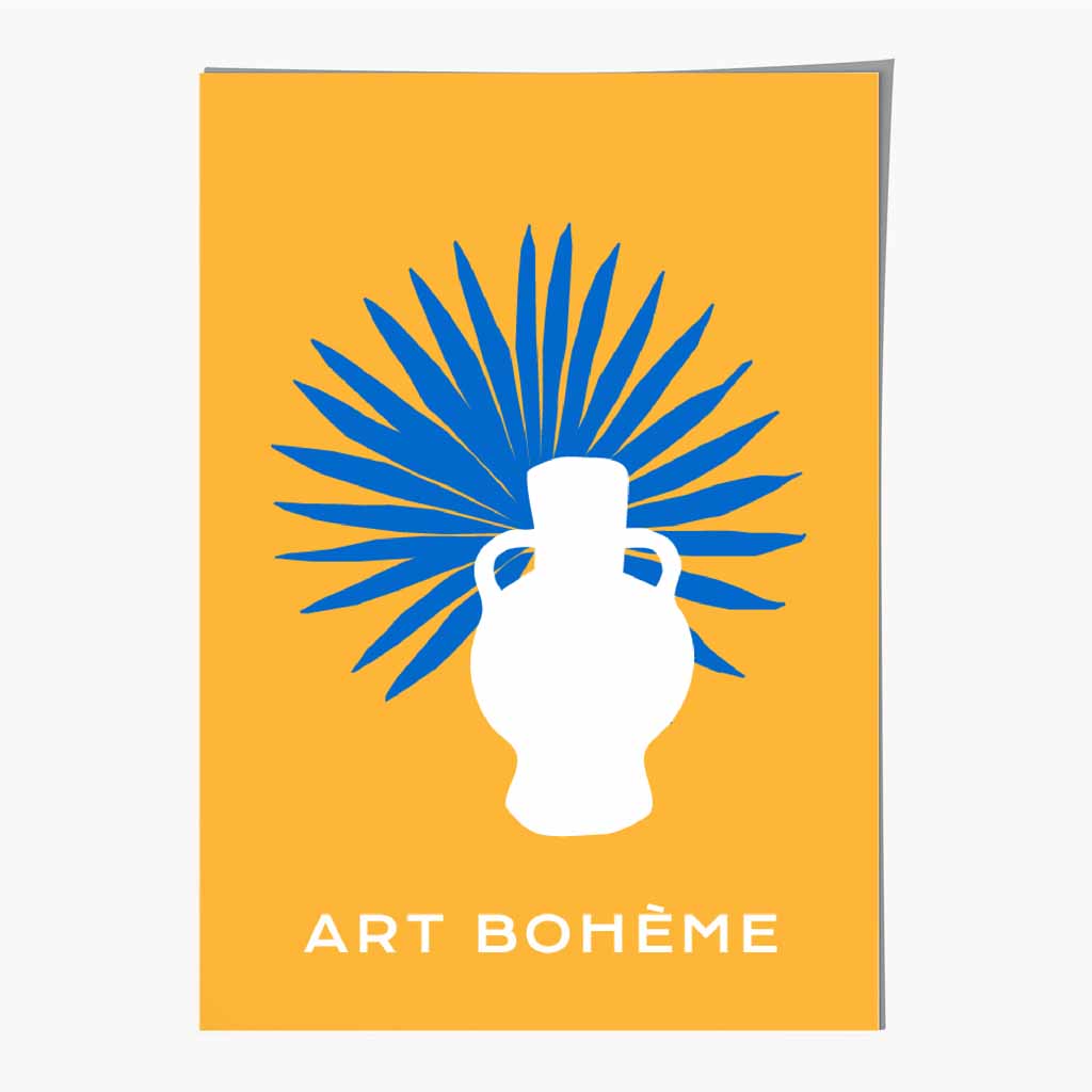 Boho Modern Yellow, Blue Tropical Vase Art Print | Wall Art Plaza