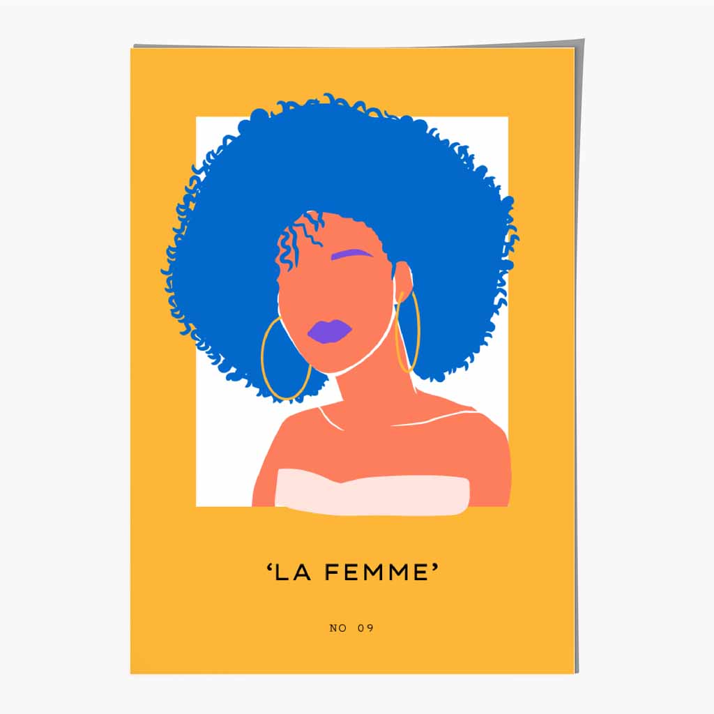 Quirky Fashion Blue, Yellow La Femme 1 Art Print | Wall Art Plaza