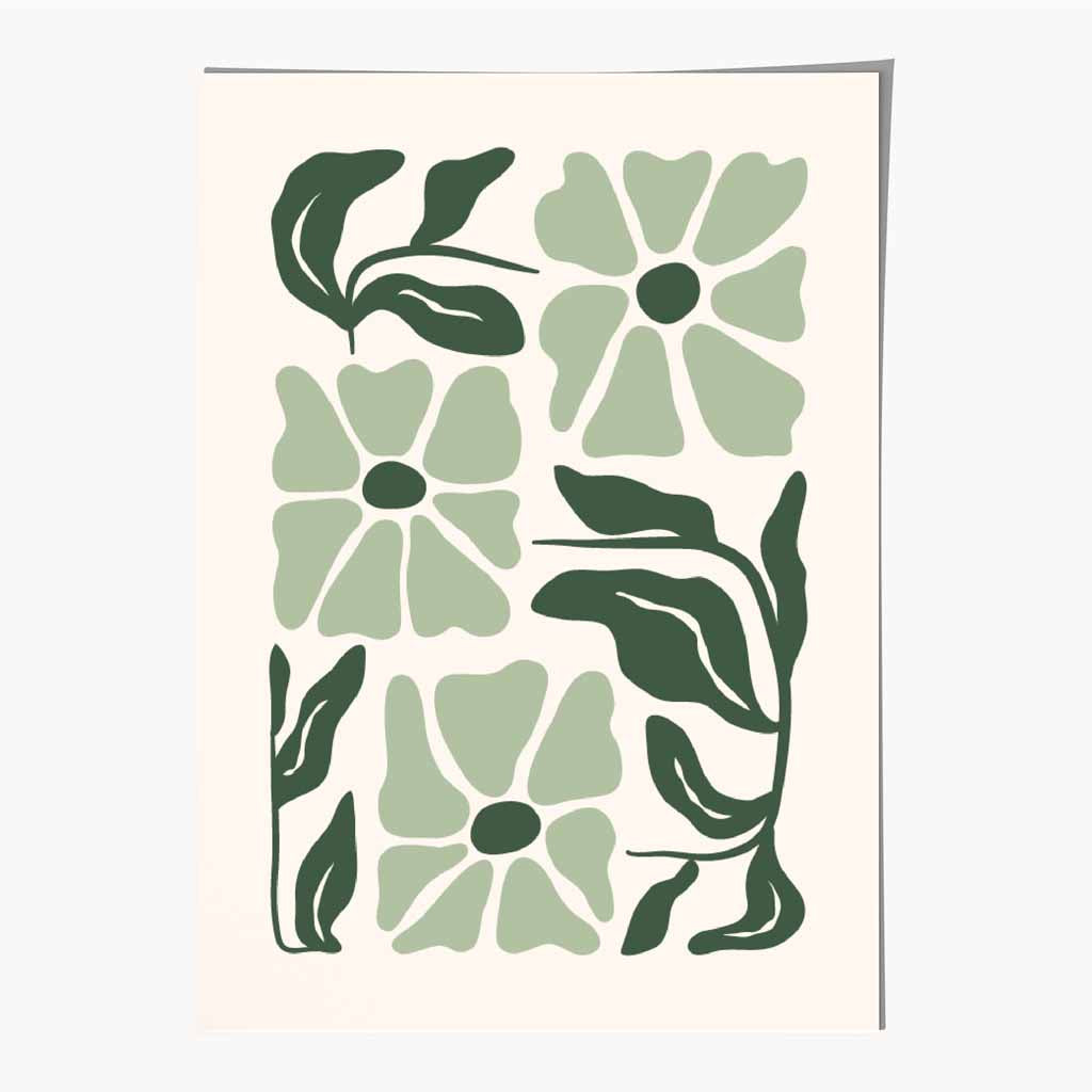 Abstract Modern Green, Beige Flowers No 1 Art Print | Wall Art Plaza