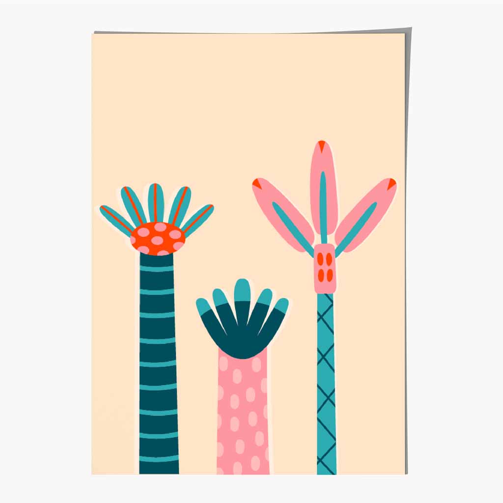 Quirky Pink, Teal Neon Palm Trees No 3 Art Print | Wall Art Plaza