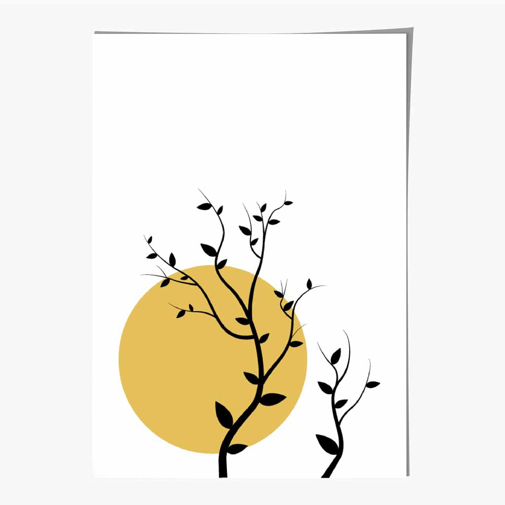 Illustration Yellow, Black Sun and Trees No 1 Art Print | Wall Art Plaza