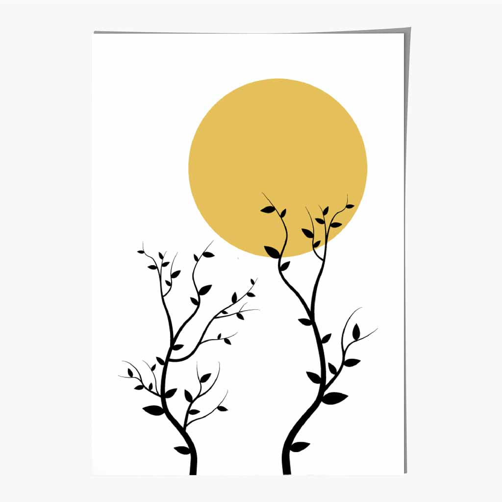 Illustration Yellow, Black Sun and Trees No 3 Art Print | Wall Art Plaza