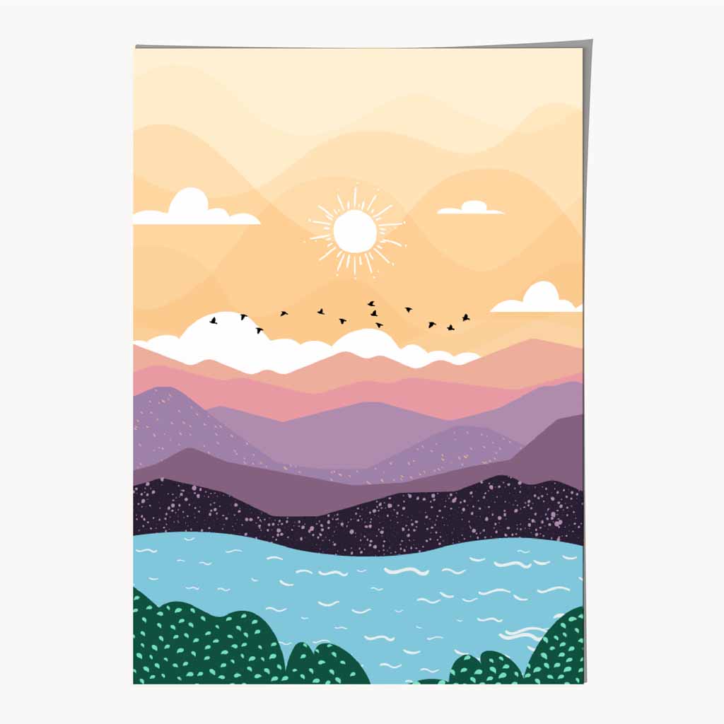 Boho Pink, Purple Mountain Lake Art Print | Wall Art Plaza