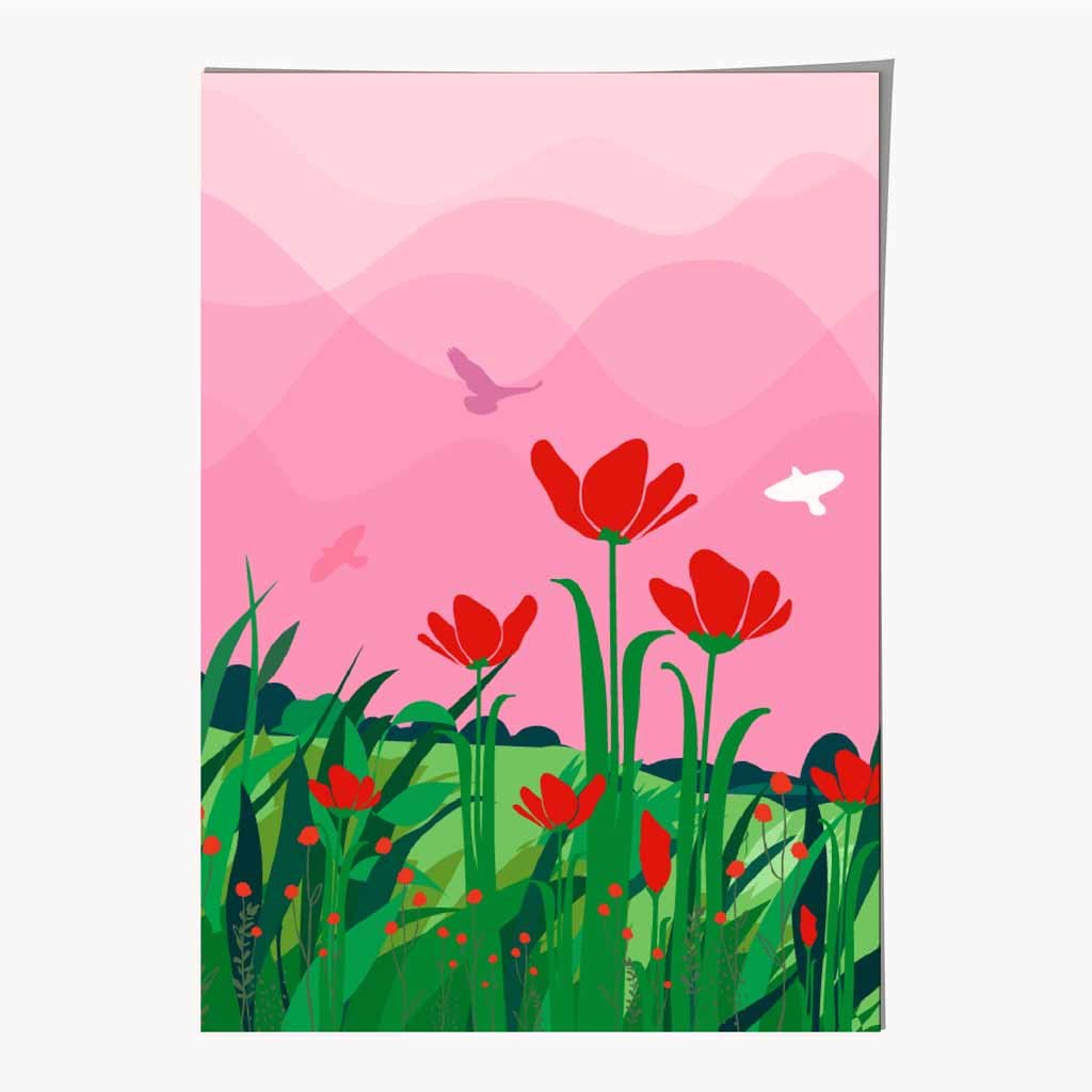 Modern Quirky Pink, Green Flowers and Birds No 2 Art Print | Wall Art Plaza