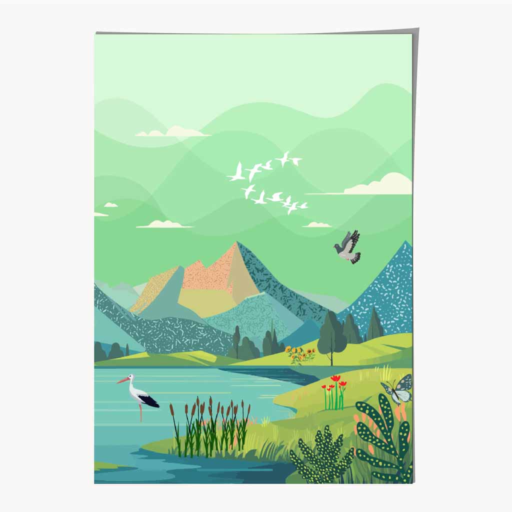 Quirky Modern Green, Blue Heron No 1 Art Print | Wall Art Plaza