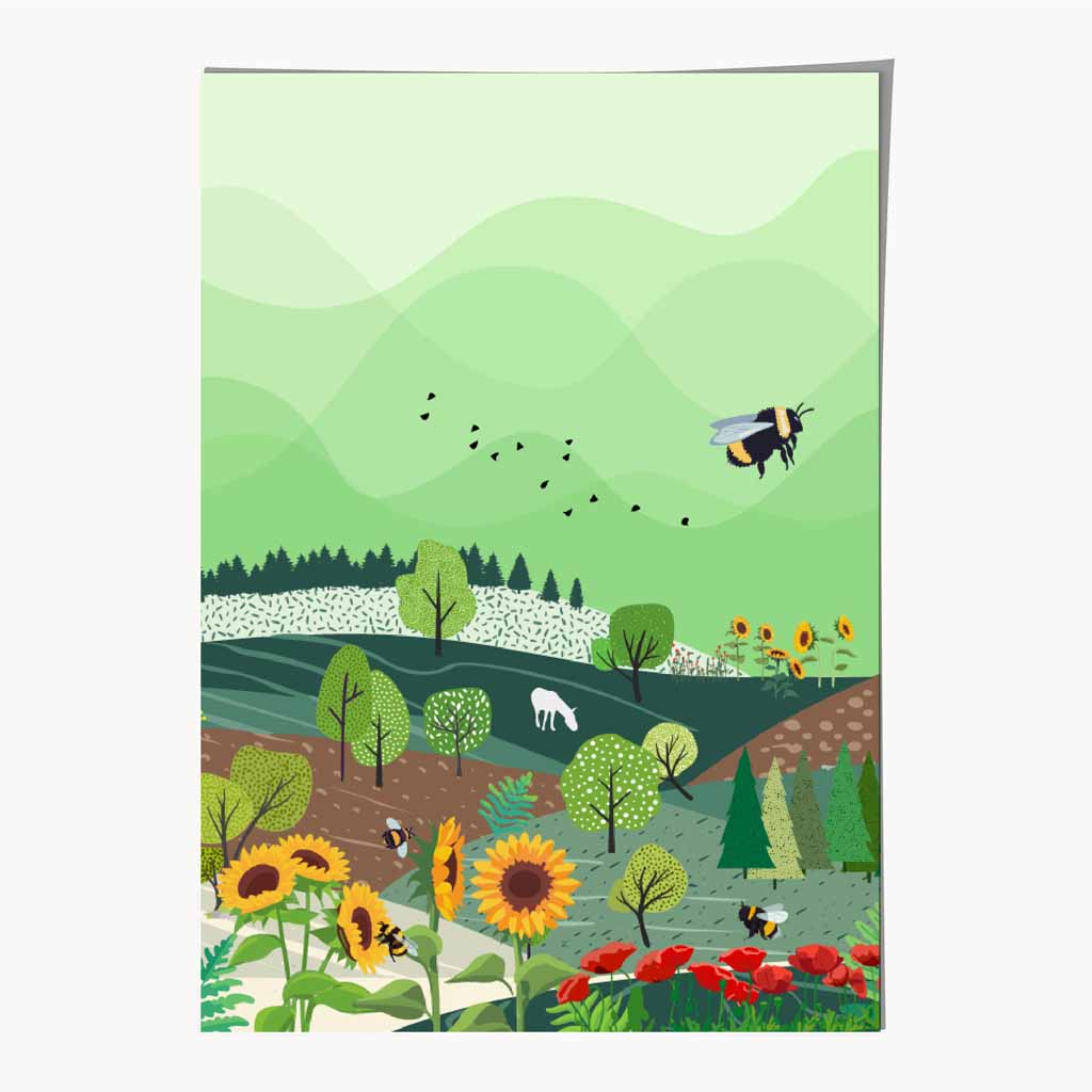 Quirky Modern Green, Colourful Floral Landscape Art Print | Wall Art Plaza