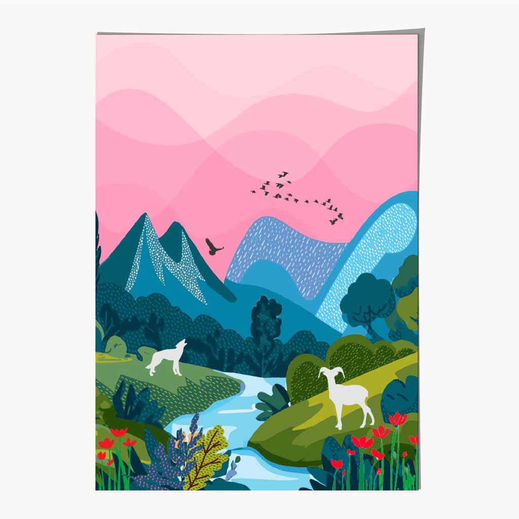 Modern Pink, Blue Wildlife Stream Art Print | Wall Art Plaza