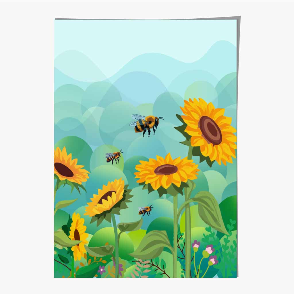 Modern Graphical Blue, Yellow Sunflowers and Bees Art Poster | Wall Art Plaza