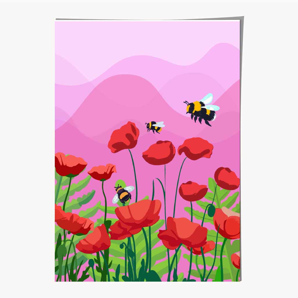Graphical Pink, Red Poppies and Bees Art Poster | Wall Art Plaza