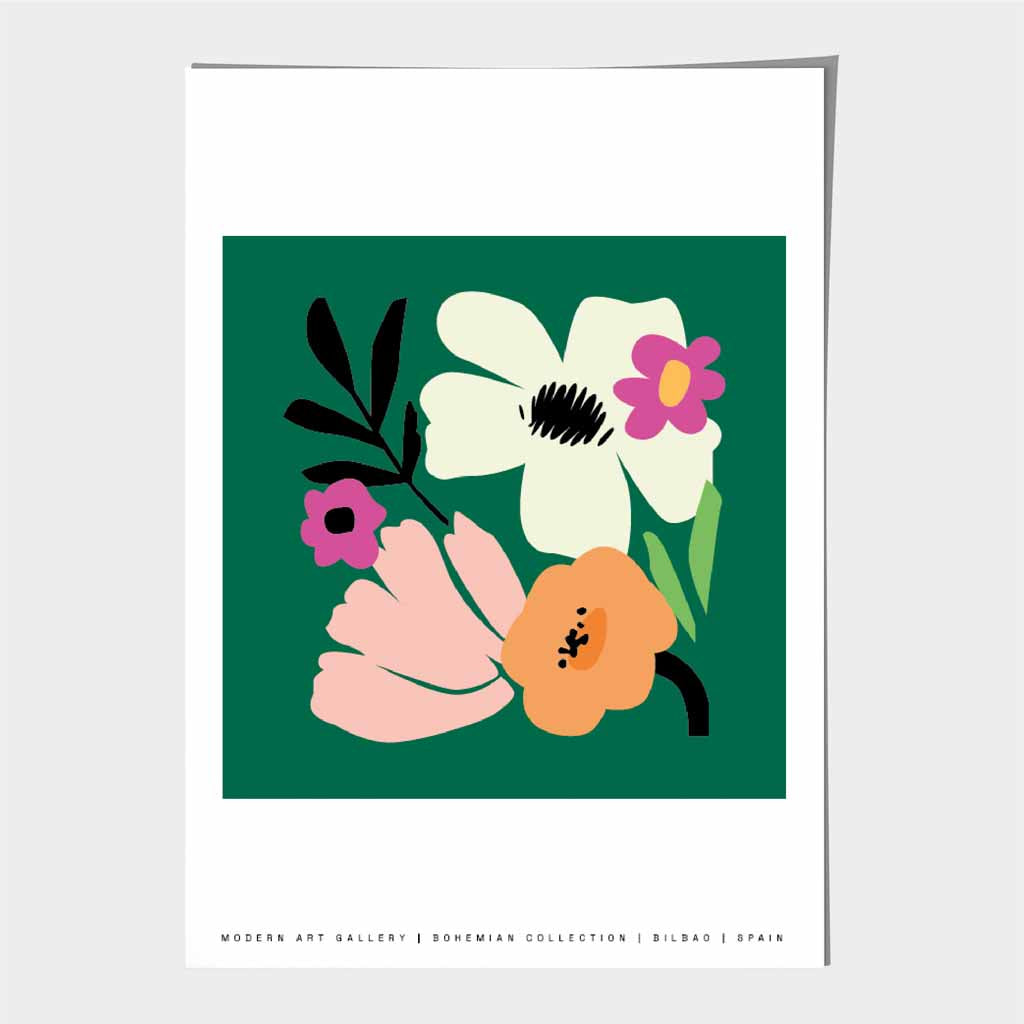 Boho Modern Green, Pink Flowers Art Print | Wall Art Plaza
