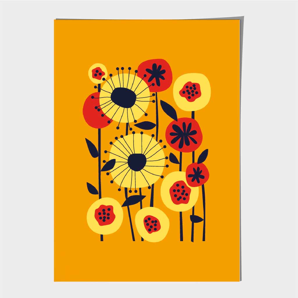 Modern Abstract Orange, Colourful Flowers Art Poster | Wall Art Plaza