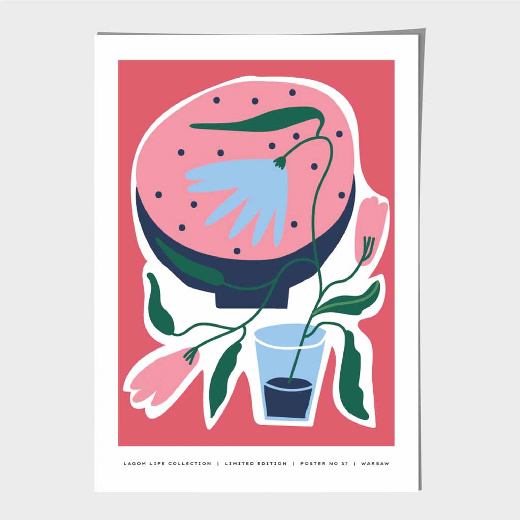 Boho Art Pink, Blue Floral Shapes Art Print | Wall Art Plaza UK