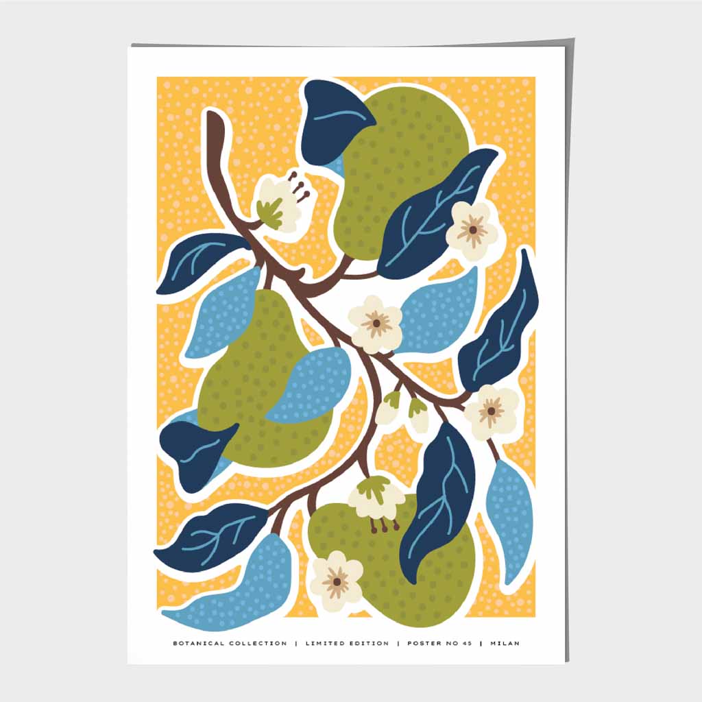 Modern Milan Blue, Yellow Flowers Art Poster | Wall Art Plaza UK