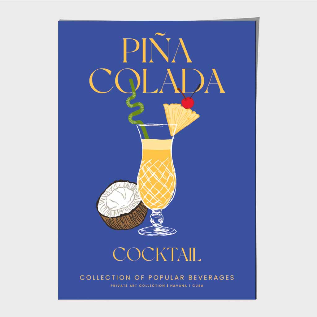 Pina Colada Navy Blue, Colourful Cocktail Art Poster | Wall Art Plaza UK