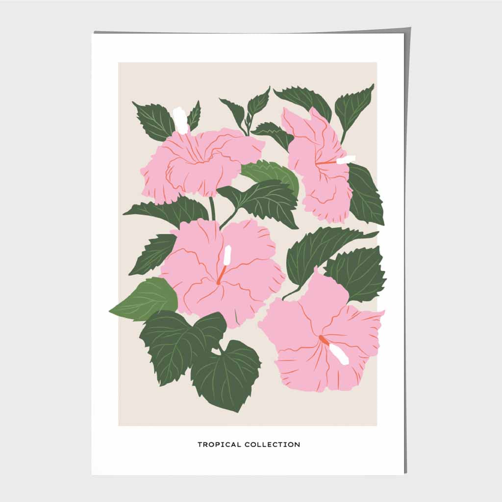 Boho Floral Pink, Green Tropical Flowers Art Print | Wall Art Plaza UK