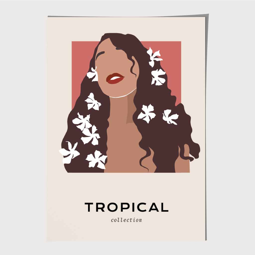 Modern Art Beige, Pink Flowers in her Hair Art Poster | Wall Art Plaza UK