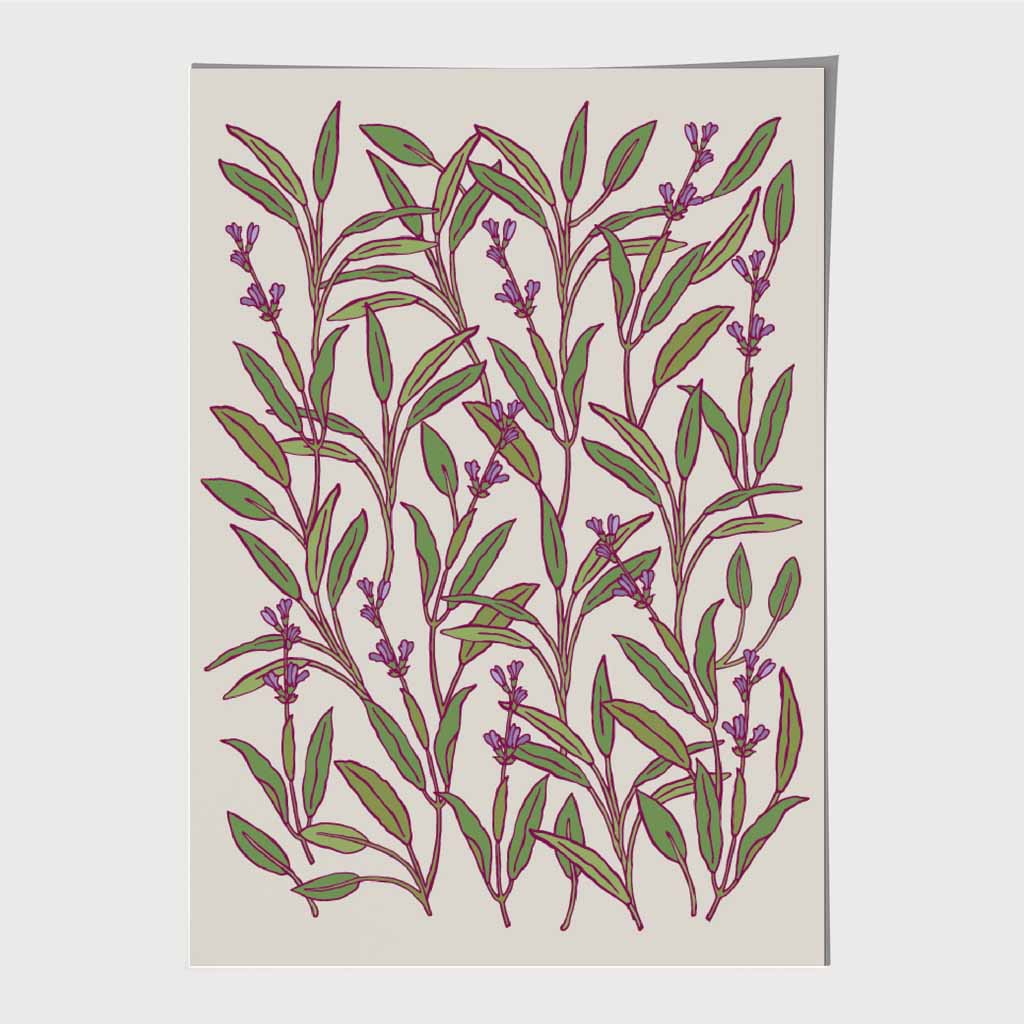 Vintage Floral Green, Purple Herbs and Flowers Art Print | Wall Art Plaza UK