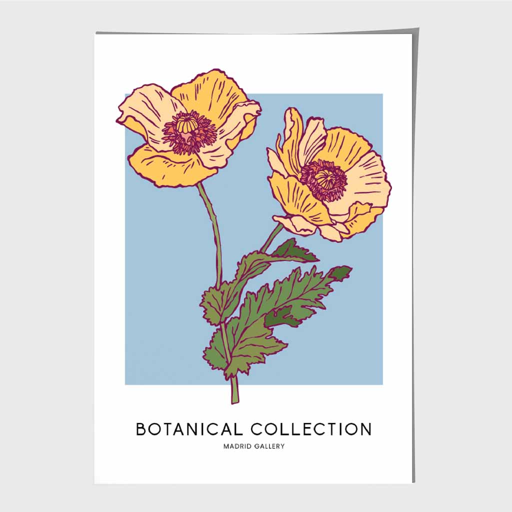 Boho Floral Blue, Yellow Madrid Poppy Art Poster | Wall Art Plaza UK