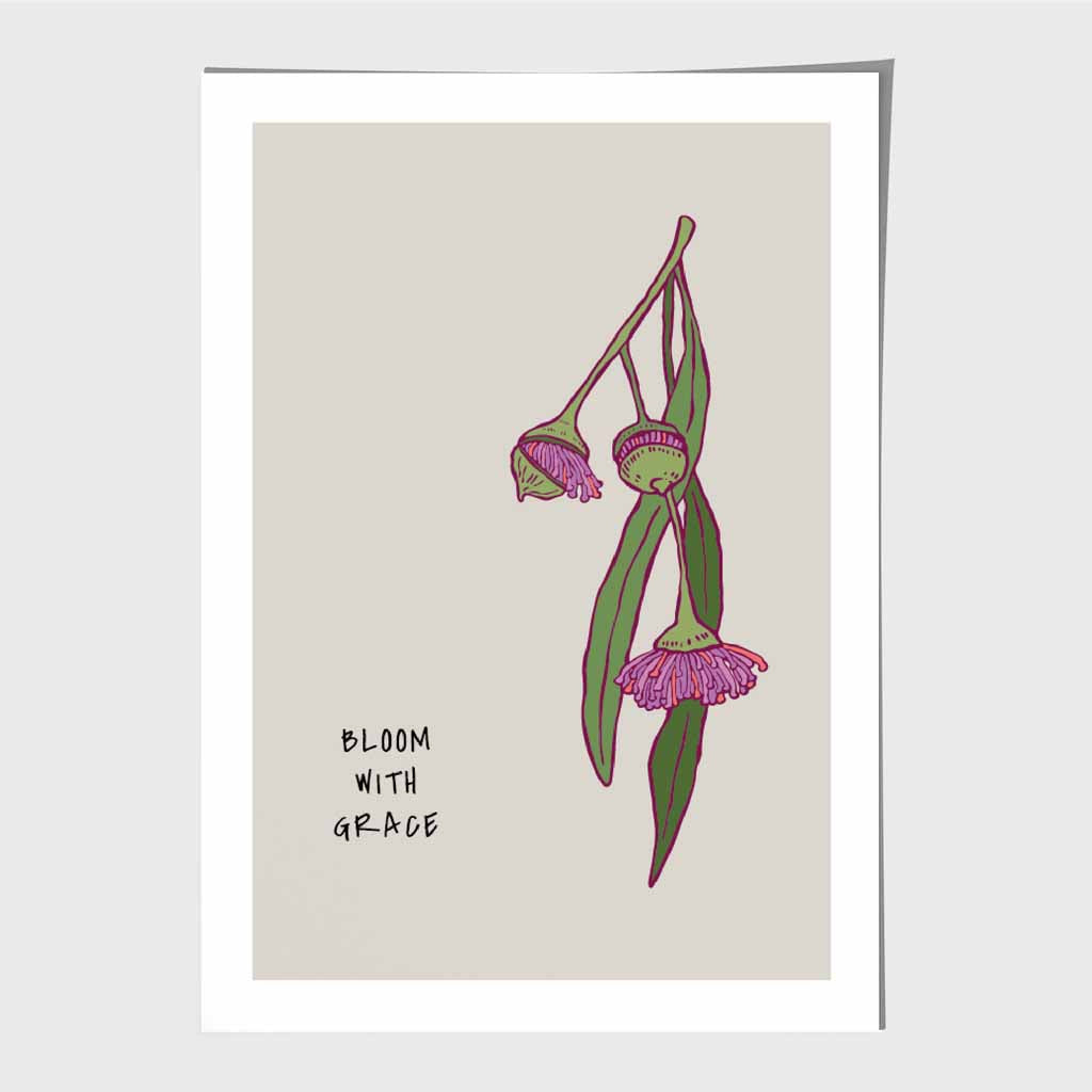 Simple Floral Beige, Purple Bloom with Grace Art Poster | Wall Art Plaza UK