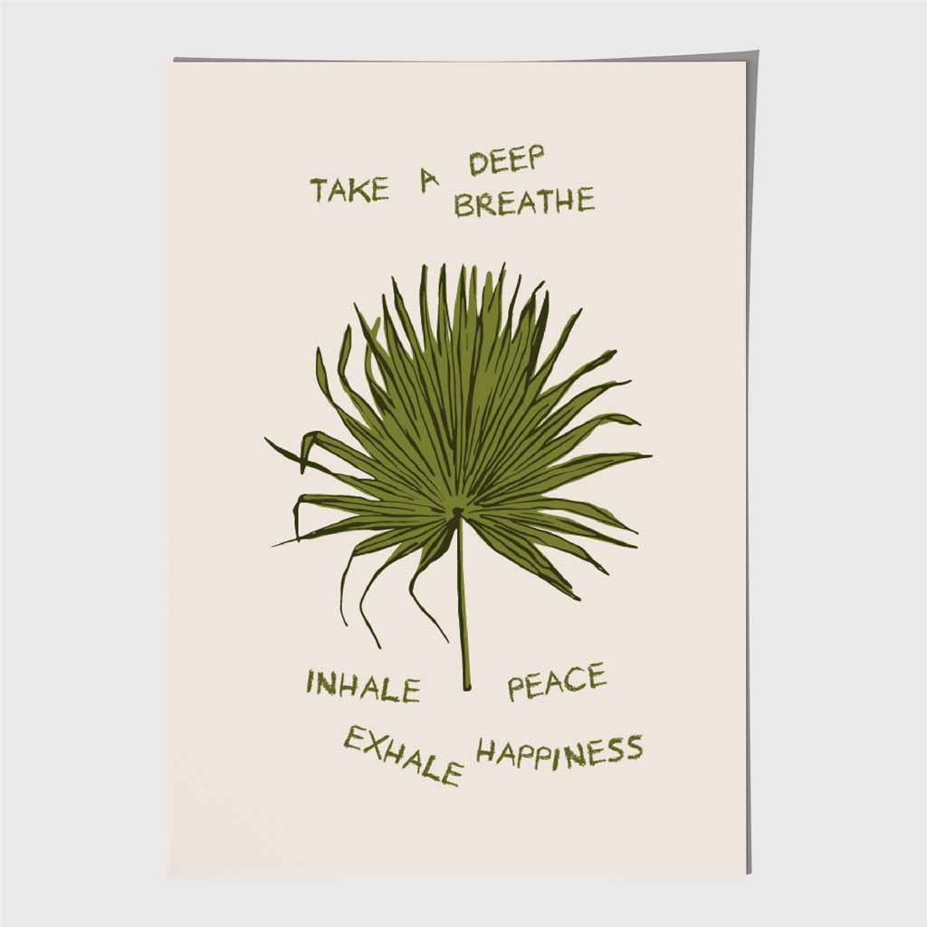 Exhale Happiness Beige, Green Palm Leaf Art Print | Wall Art Plaza UK