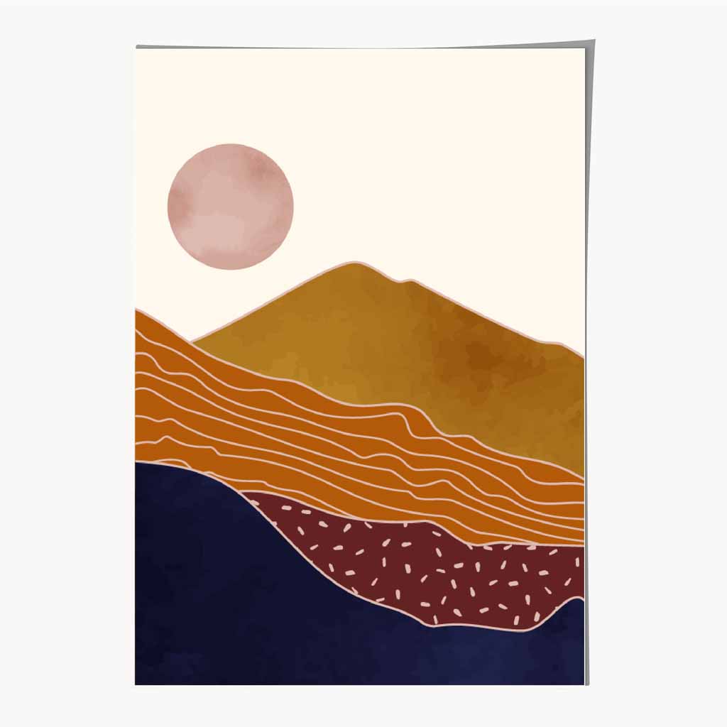 Modern Graphical Blue, Orange Mountains No 1 Art Poster | Wall Art Plaza
