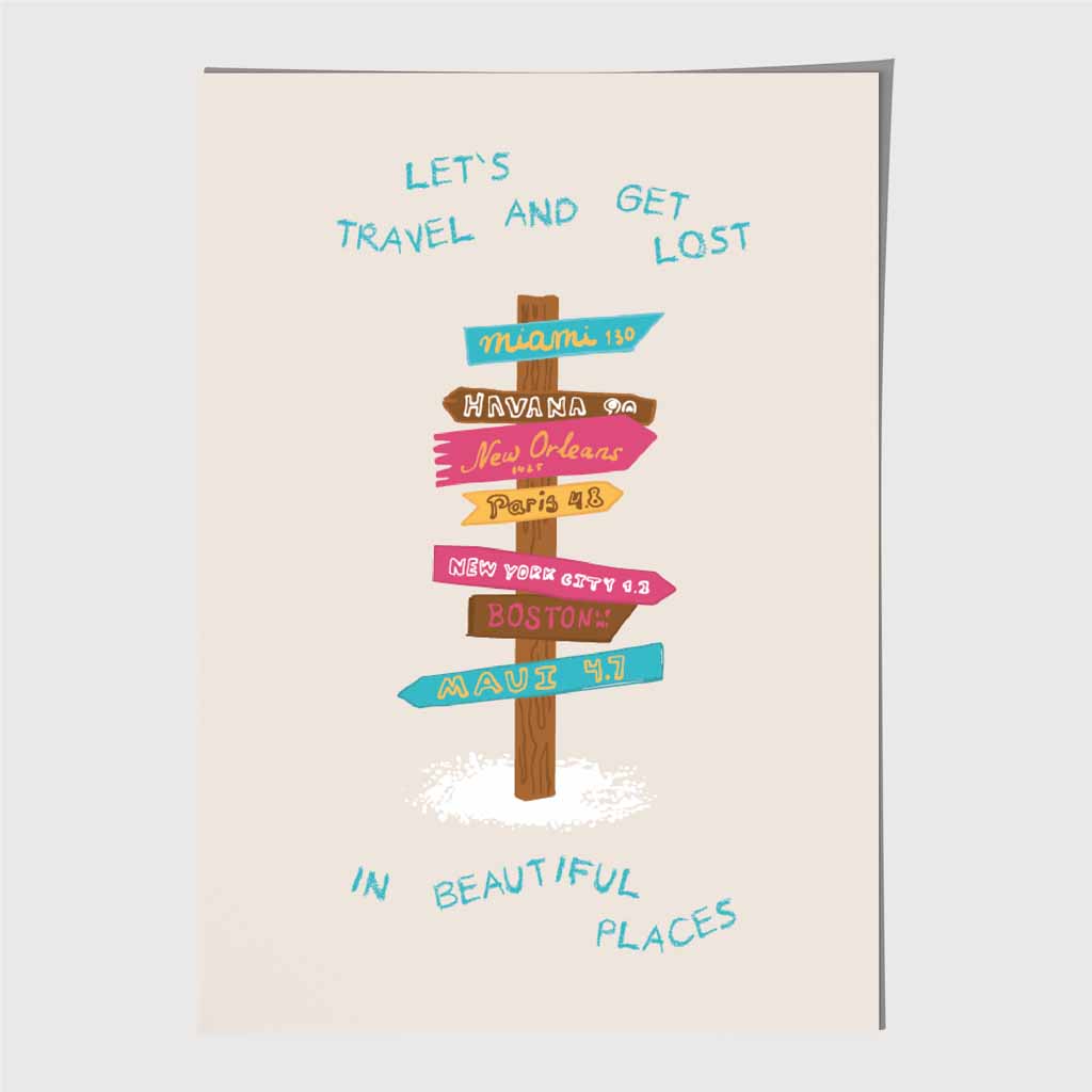 Let's Travel … Pink, Blue Quote Art Print | Wall Art Plaza UK