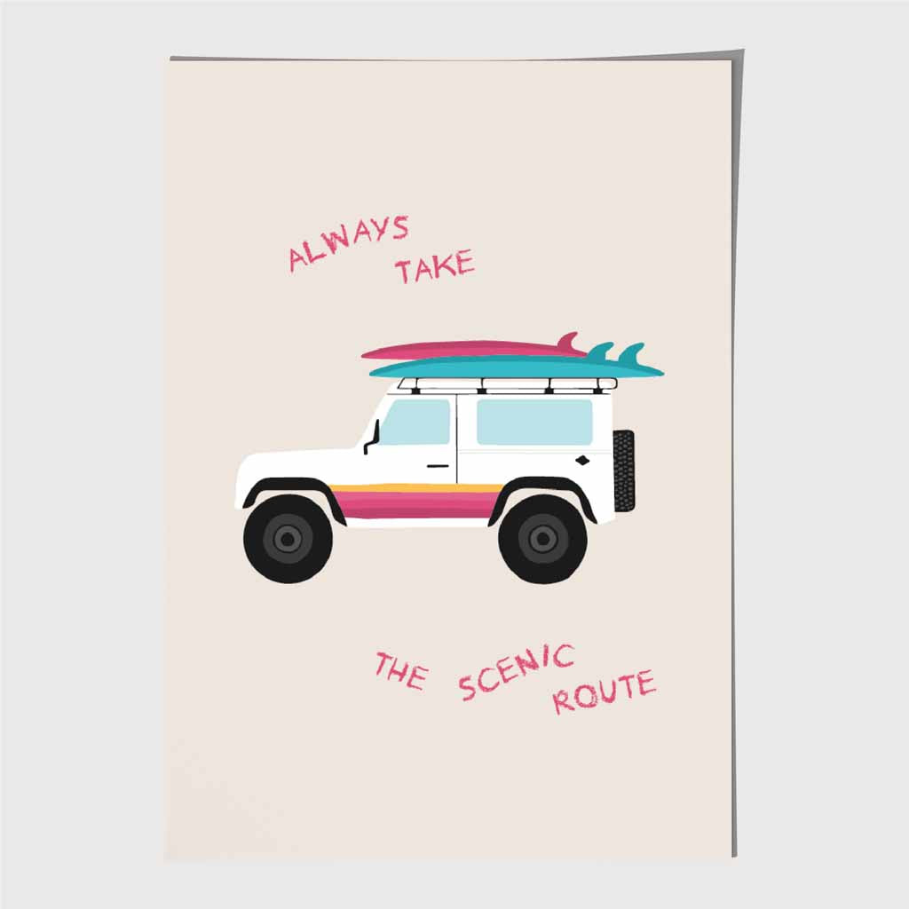 Scenic Route Pink, Blue Surfing Art Print | Wall Art Plaza UK