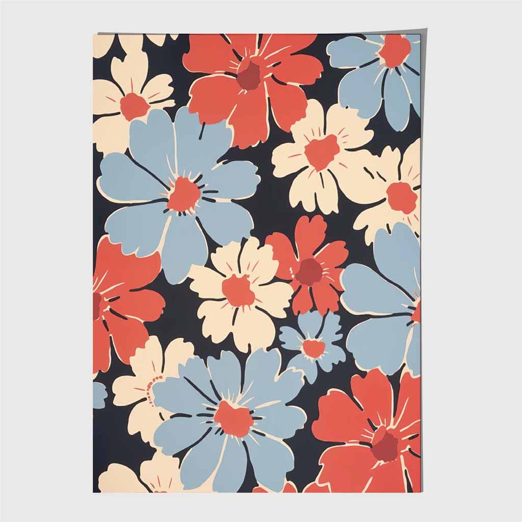 Modern Floral Blue, Red Flowers Art Print | Wall Art Plaza UK