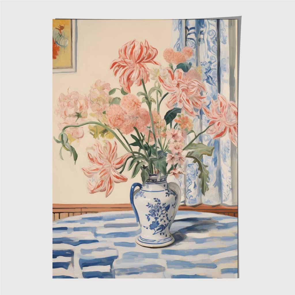 Vintage Floral Blue, Pink Kitchen Flowers Art Print | Wall Art Plaza UK
