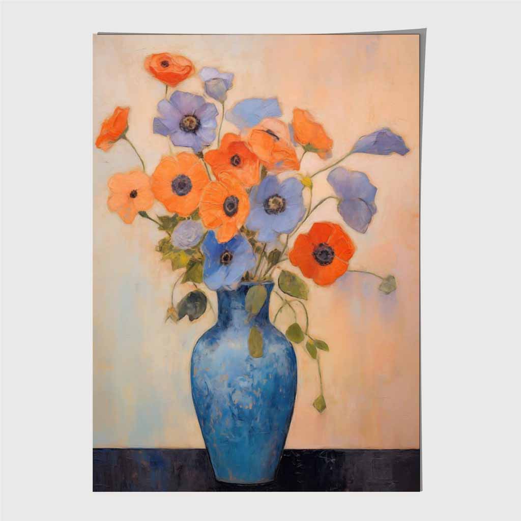 Abstract Floral Blue, Orange Poppies in Vase Art Print | Wall Art Plaza UK